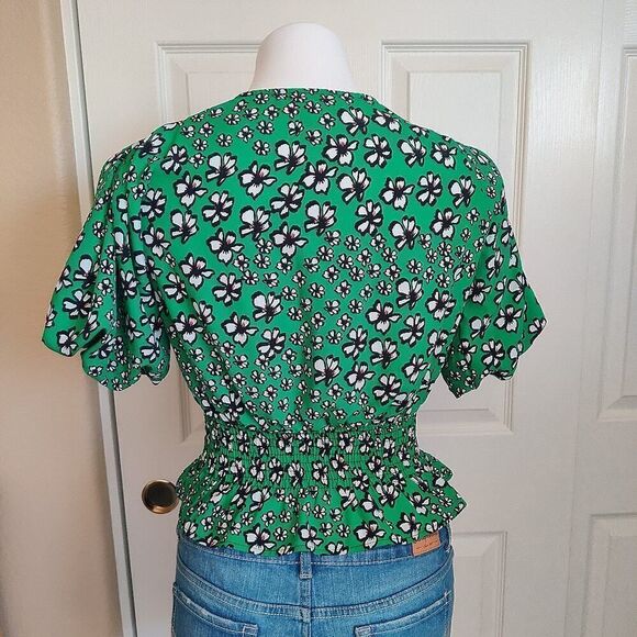 Topshop Green Tie Neck Short Sleeve Floral Top sz 2 - Picture 7 of 12